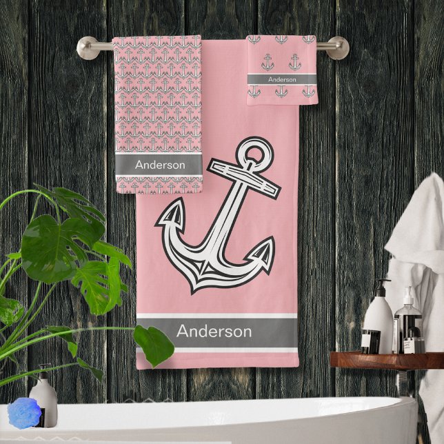 Custom Nautical Anchor Bathroom Pink Gray White Bath Towel Set (Creator Uploaded)