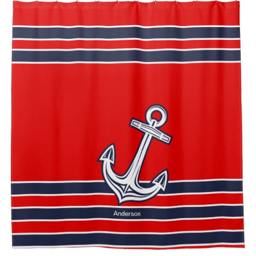 Custom Nautical Anchor  Bathroom Red Navy Blue  Ba Shower Curtain