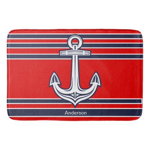 Custom Nautical Anchor  Bathroom Red Navy Blue  Bath Mat