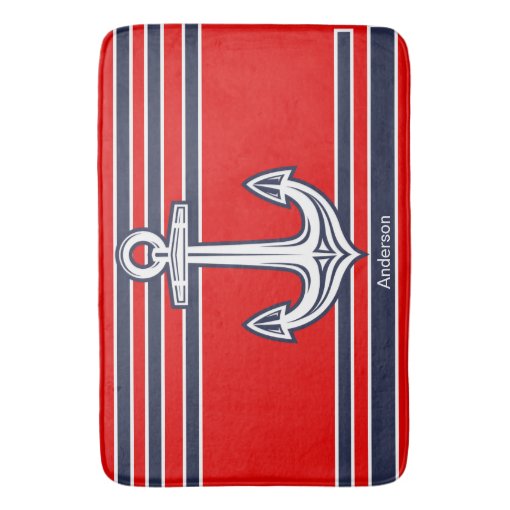 Custom Nautical Anchor Bathroom Red Navy Blue Bath Mat | Zazzle