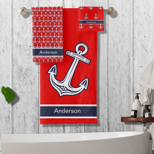 Custom Nautical Anchor  Bathroom Red Navy Blue  Bath Towel Set