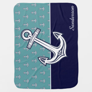 Custom Nautical Anchor Bathroom Teal Navy Blue   Baby Blanket