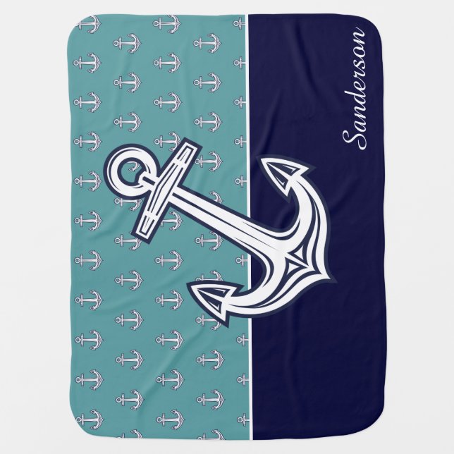 Custom Nautical Anchor Bathroom Teal Navy Blue   Baby Blanket (Front)