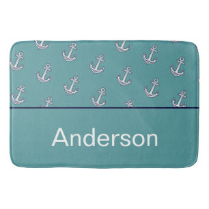 Custom Nautical Anchor Bathroom Teal Navy Blue Bath Mat