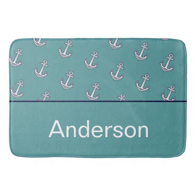 Custom Nautical Anchor Bathroom Teal Navy Blue Bath Mat Zazzle