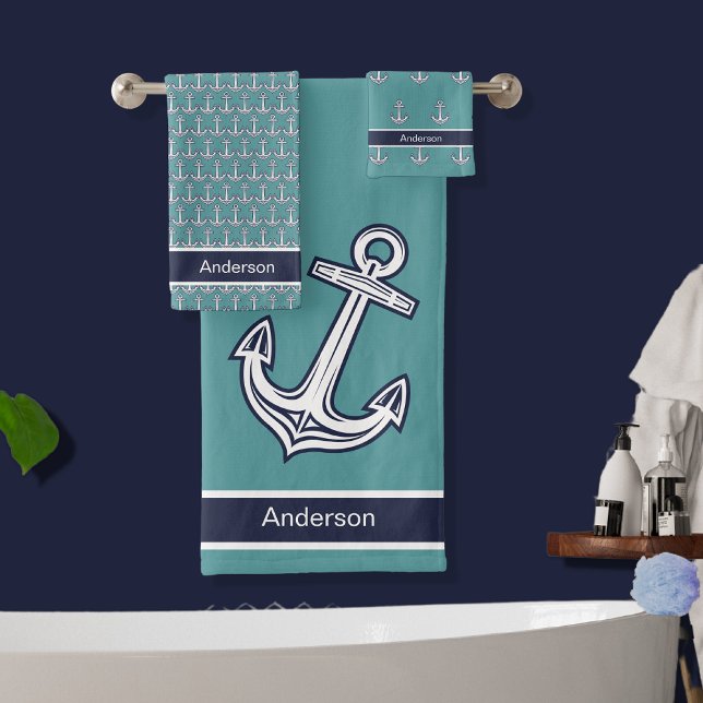 Custom Nautical Anchor  Bathroom Teal Navy Blue Bath Towel Set (Creator Uploaded)