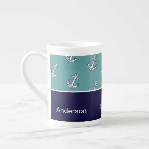 Custom Nautical Anchor Bathroom Teal Navy Blue  Bone China Mug