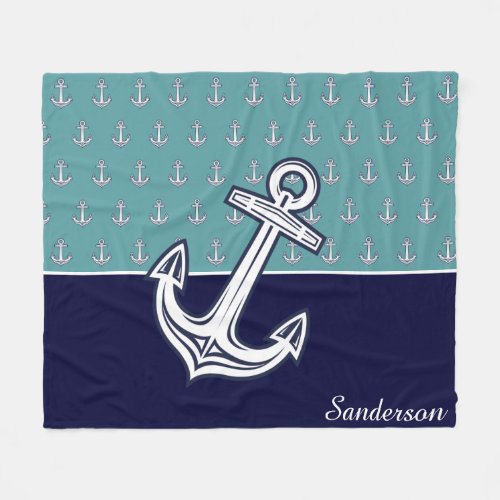 Custom Nautical Anchor Bathroom Teal Navy Blue  Fl Fleece Blanket