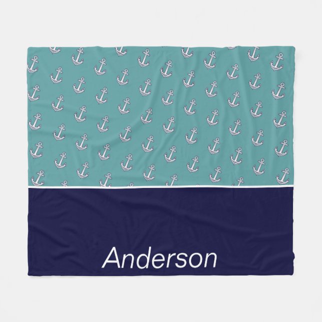 Custom Nautical Anchor Bathroom Teal Navy Blue  Fleece Blanket (Front (Horizontal))