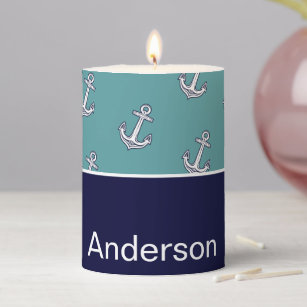 Custom Nautical Anchor Bathroom Teal Navy Blue Pillar Candle