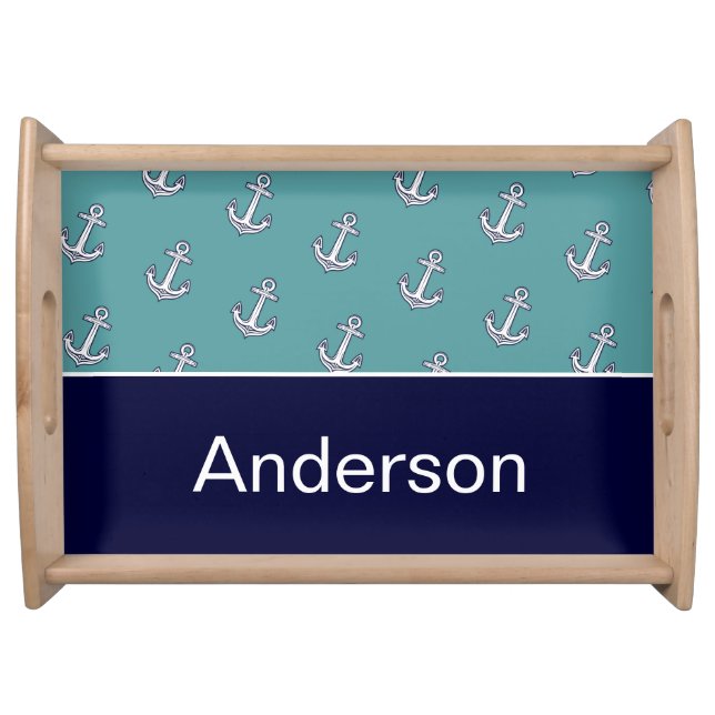 Custom Nautical Anchor Bathroom Teal Navy Blue  Serving Tray (Front)