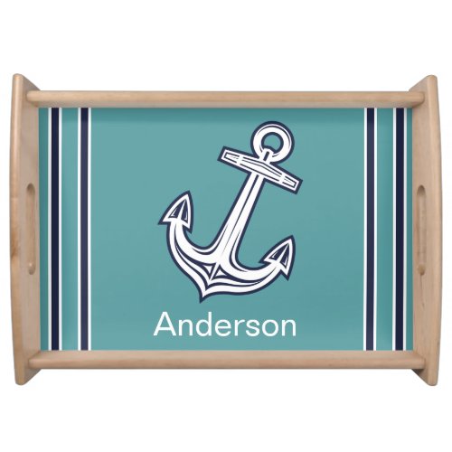 Custom Nautical Anchor  Bathroom Teal Navy Blue Serving Tray