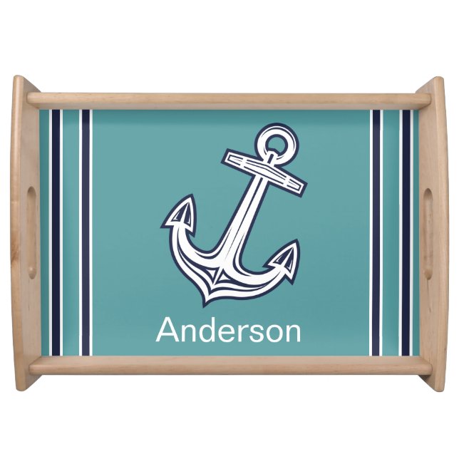 Custom Nautical Anchor  Bathroom Teal Navy Blue Serving Tray (Front)
