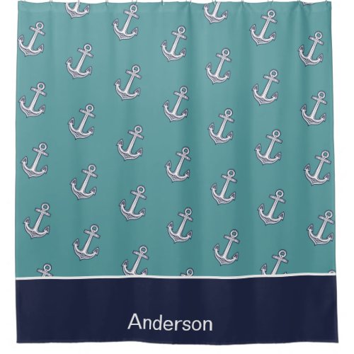Custom Nautical Anchor Bathroom Teal Navy Blue  Shower Curtain