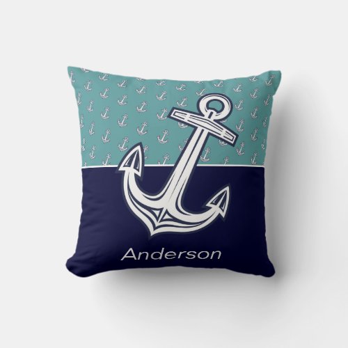 Custom Nautical Anchor Bathroom Teal Navy Blue  Throw Pillow