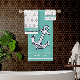 Custom Nautical Anchor  Bathroom Teal White Blue  Bath Towel Set