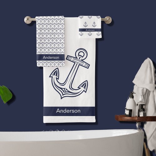 Custom Nautical Anchor  Bathroom White Navy Blue Bath Towel Set