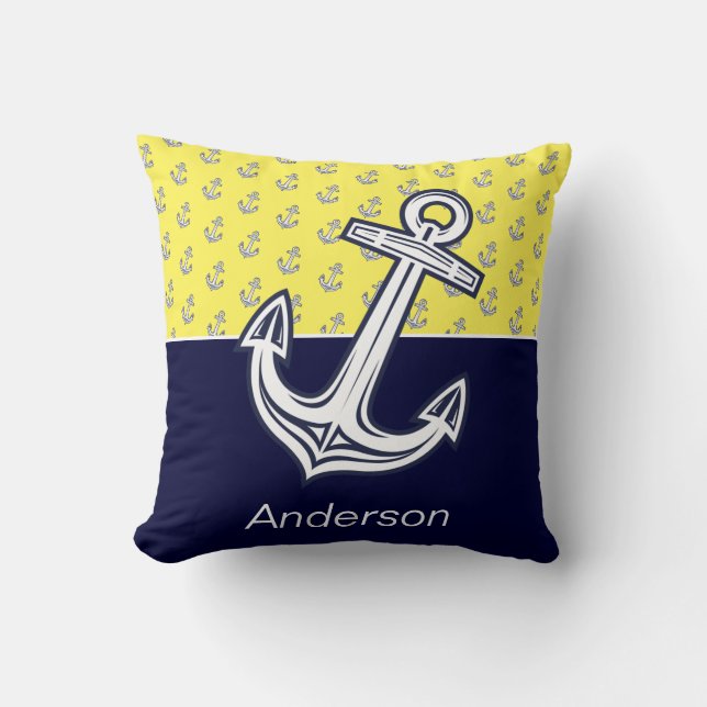Custom Nautical Anchor Bathroom Yellow Navy Blue Throw Pillow (Front)