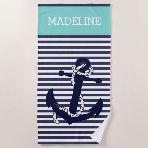 Custom Nautical Anchor Blue Aqua Turquoise Stripes Beach Towel