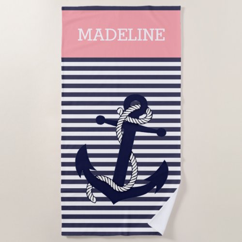 Custom Nautical Anchor Blue Coral Pink Stripes Beach Towel