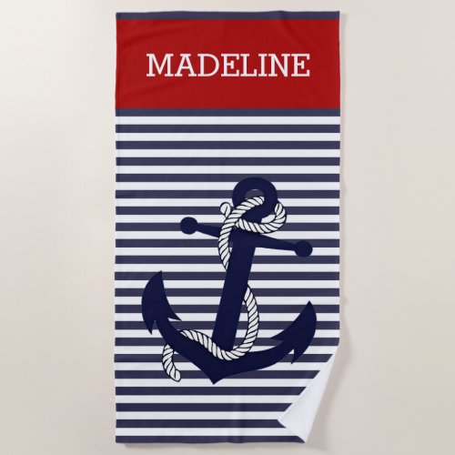 Custom Nautical Anchor Blue Dark Red Stripes Beach Towel