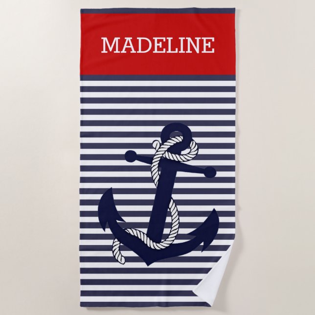 Custom Nautical Anchor Blue Red Stripes Pattern Beach Towel (Front)