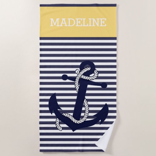 Custom Nautical Anchor Blue Sunny Yellow Stripes Beach Towel