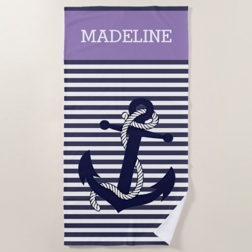 Custom Nautical Anchor Blue Violet Purple Stripes Beach Towel