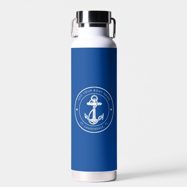 Custom Nautical Anchor Boat Name Blue Water Bottle (Front)