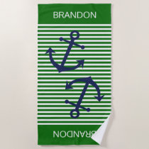 Custom Nautical Anchor Bright Green White Stripes Beach Towel
