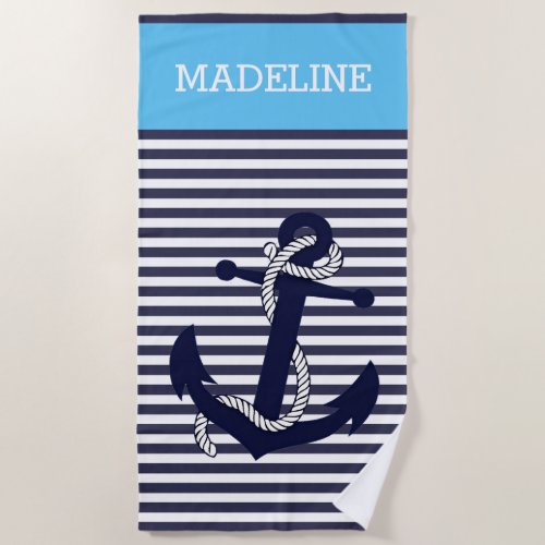 Custom Nautical Anchor Bright Sky Blue Stripes Beach Towel