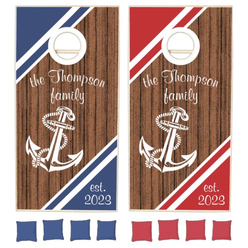 Custom Nautical Anchor Brown Wood Planks Pattern Cornhole Set