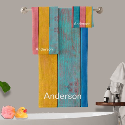 Custom Nautical Anchor Colorful Beach Rustic Wood  Bath Towel Set