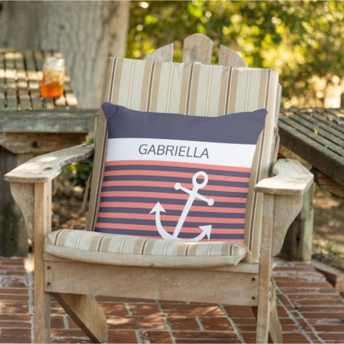 Custom Nautical Anchor Coral Orange Stripe Pattern Outdoor Pillow