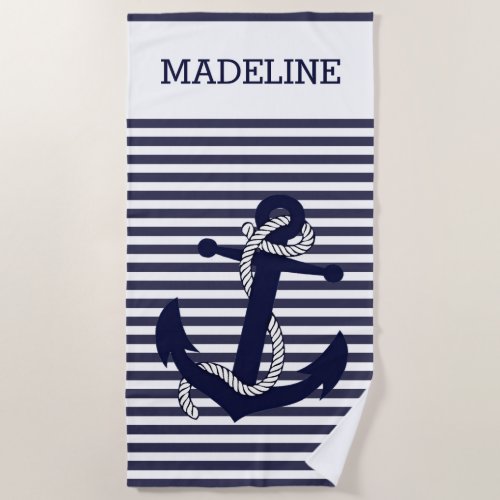 Custom Nautical Anchor Dark Blue White Stripes Beach Towel