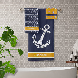 Custom Nautical Anchor  Golden Yellow Navy Blue  Bath Towel Set