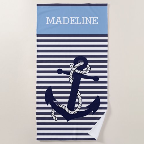 Custom Nautical Anchor Light Blue Stripes Pattern Beach Towel
