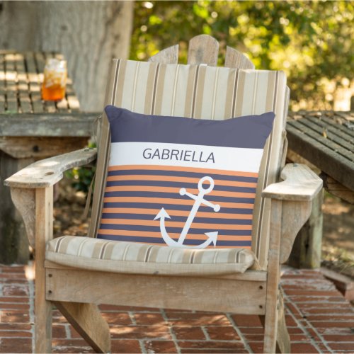 Custom Nautical Anchor Light Orange Stripe Pattern Outdoor Pillow