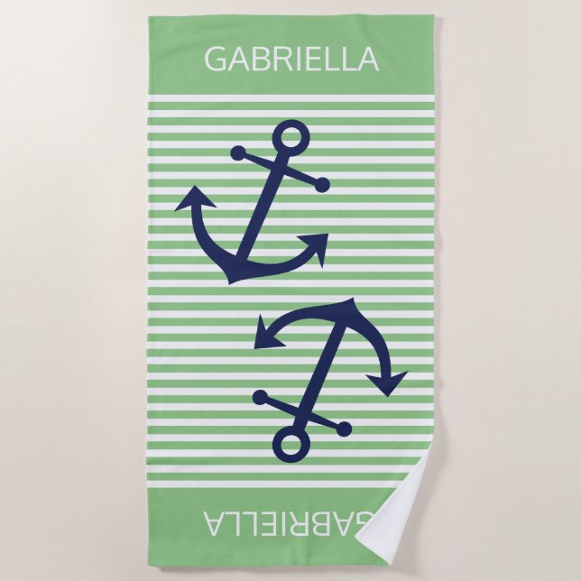 Custom Nautical Anchor Lime Green White Stripes Beach Towel (Front)