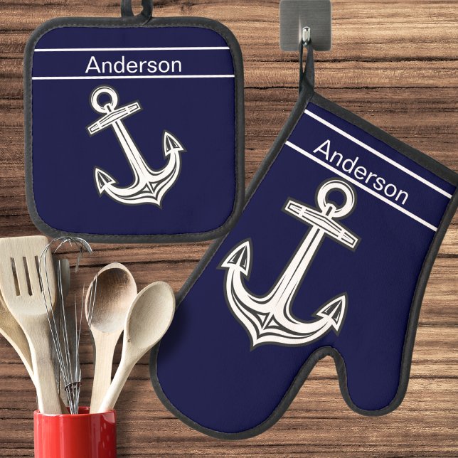 Custom Nautical Anchor Marine Ocean Navy Blue  Oven Mitt & Pot Holder Set (Creator Uploaded)
