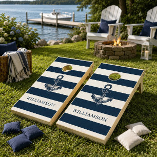 Custom Nautical Anchor Navy Blue Coastal Stripe Cornhole Set