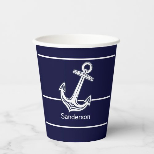Custom Nautical Anchor Navy Blue n White Paper Cups