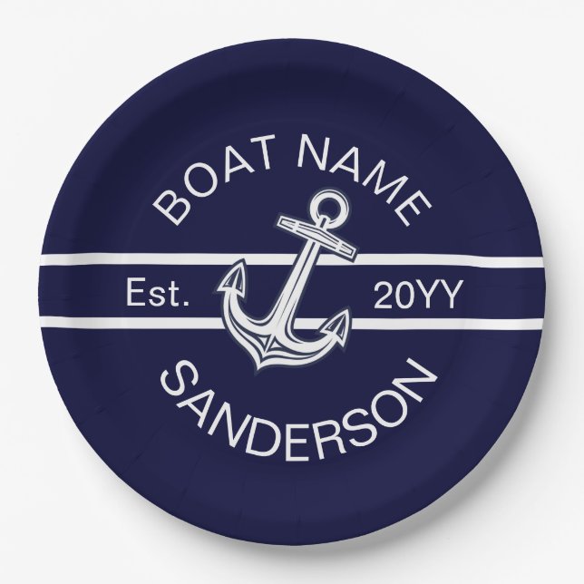 Custom Nautical Anchor Navy Blue Paper Plates (Front)