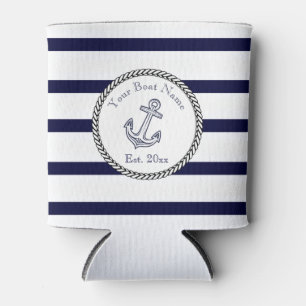 Custom Nautical Anchor Navy Blue stripes Can Cooler