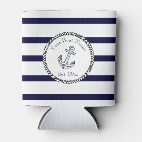 Custom Nautical Anchor Navy Blue stripes  Can Cooler