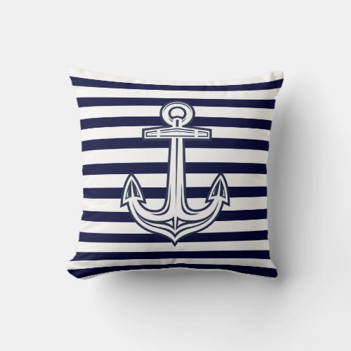 Custom Nautical Anchor Navy Blue stripes Throw Pillow