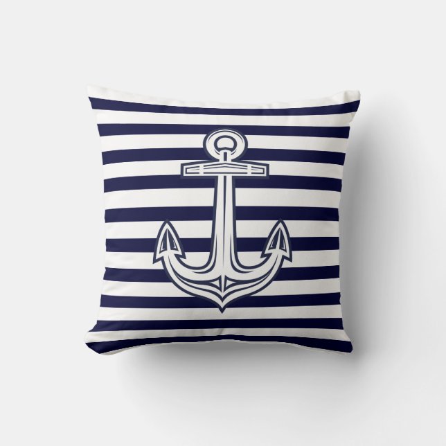 Custom Nautical Anchor Navy Blue stripes Throw Pillow (Front)