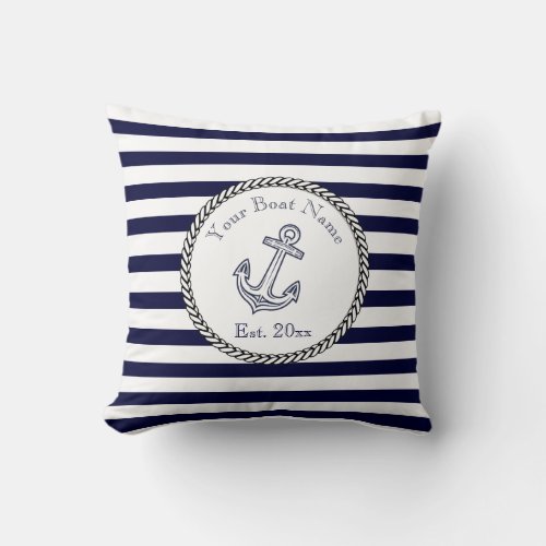 Custom Nautical Anchor Navy Blue stripes Throw Pillow