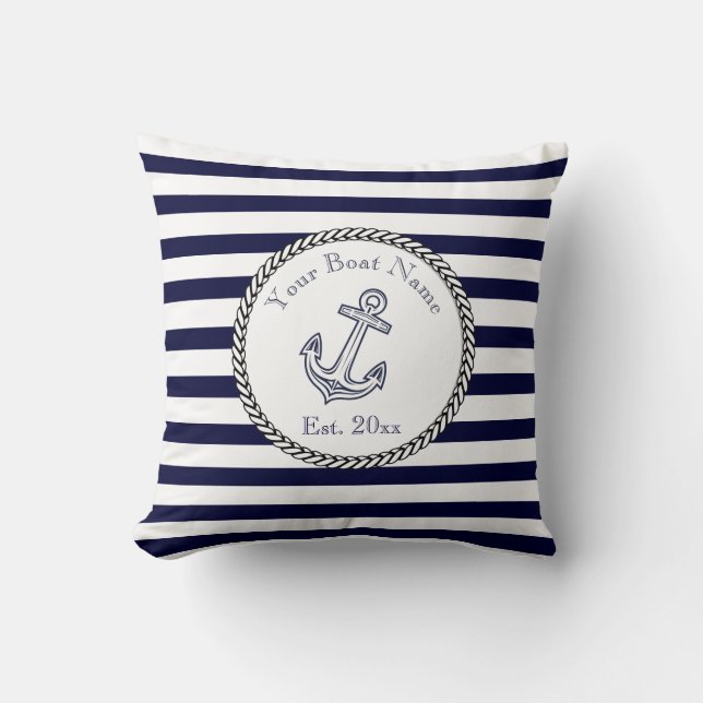 Custom Nautical Anchor Navy Blue stripes Throw Pillow (Front)