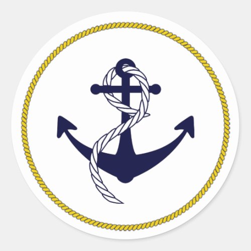 Custom Nautical Anchor Navy Blue White Gold Classic Round Sticker